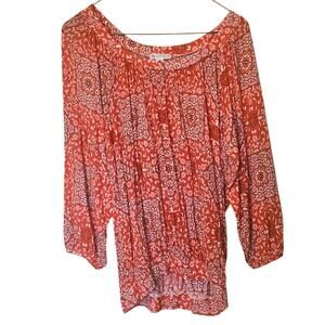 Lila Rose Size Small S Boho Blouse Top Red Rayon Spandex Boho Tunic Scoop Neck